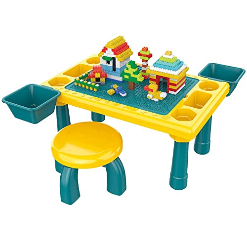 A Kids' Activity Table And Chair Set.  It Comes With 58 Pieces Of Building Blocks.
