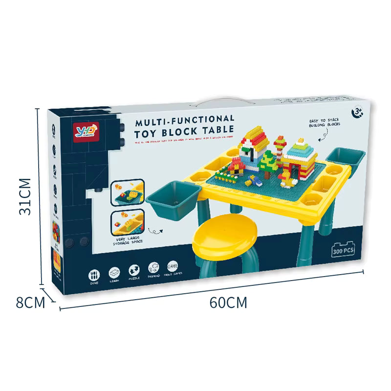 A Kids' Activity Table And Chair Set.  It Comes With 58 Pieces Of Building Blocks.
